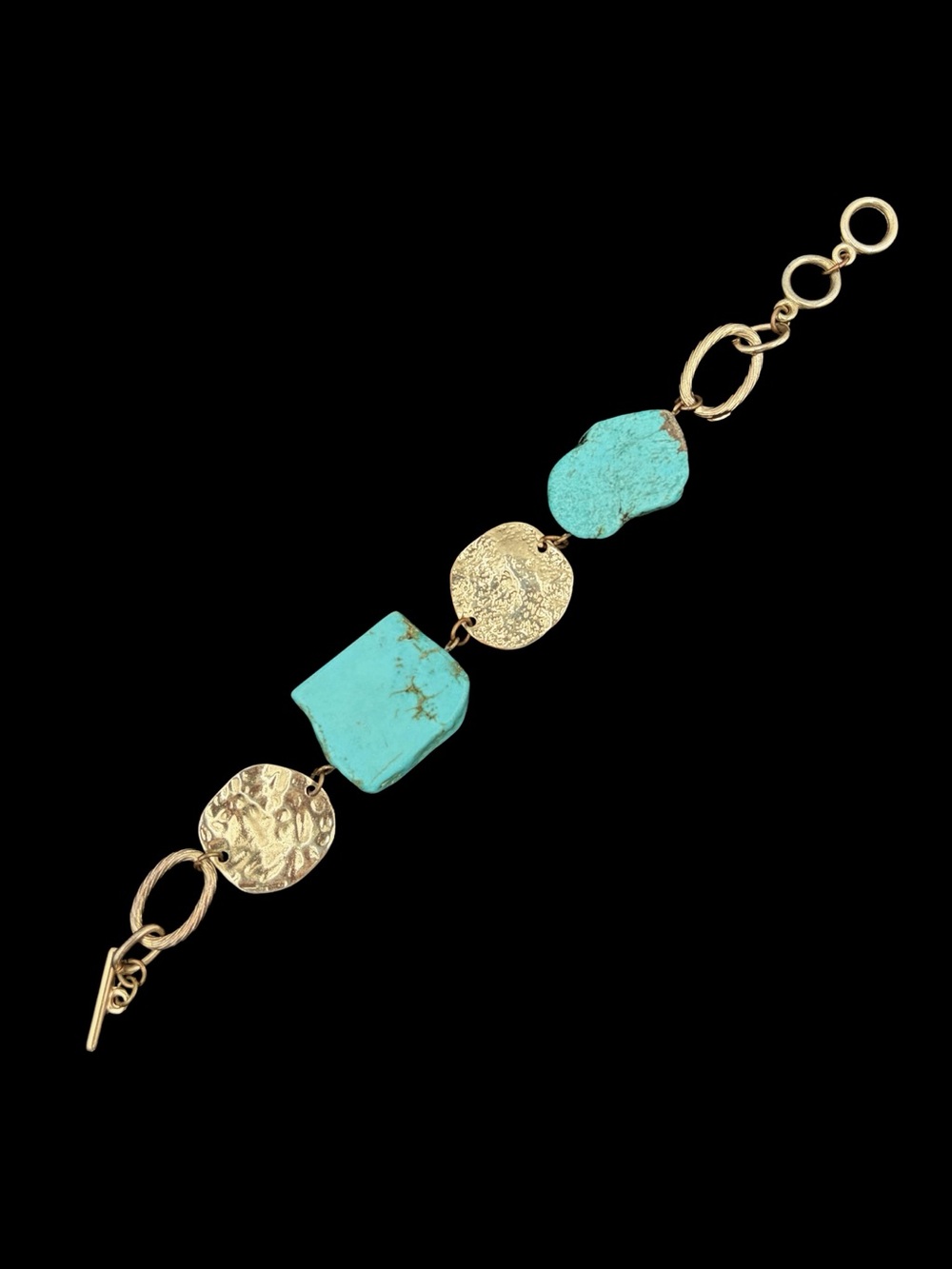 Faux Turquoise Slice and Hammered Metal Disk Bracelet